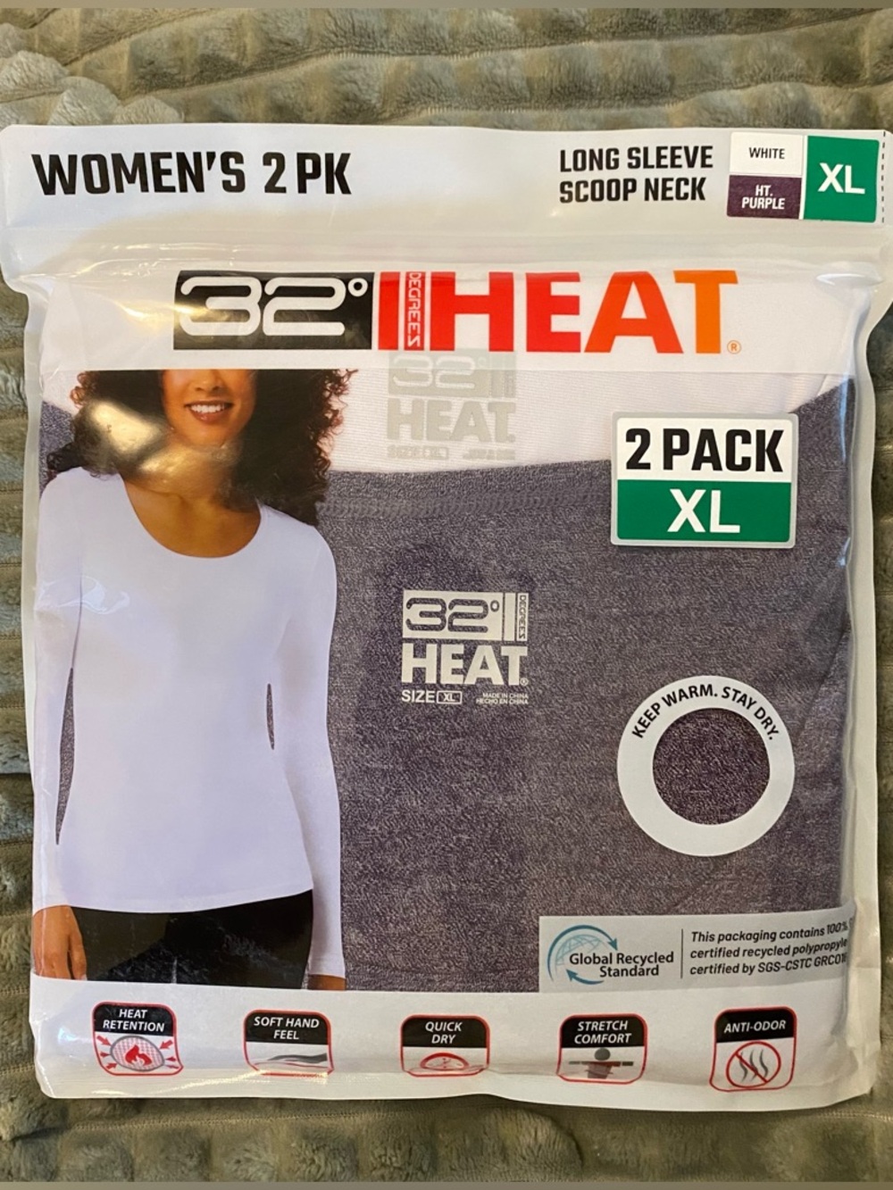 32 Degrees Women's Long Sleeve Scoop Neck Tees - White & Heather Purple (2 Pack)